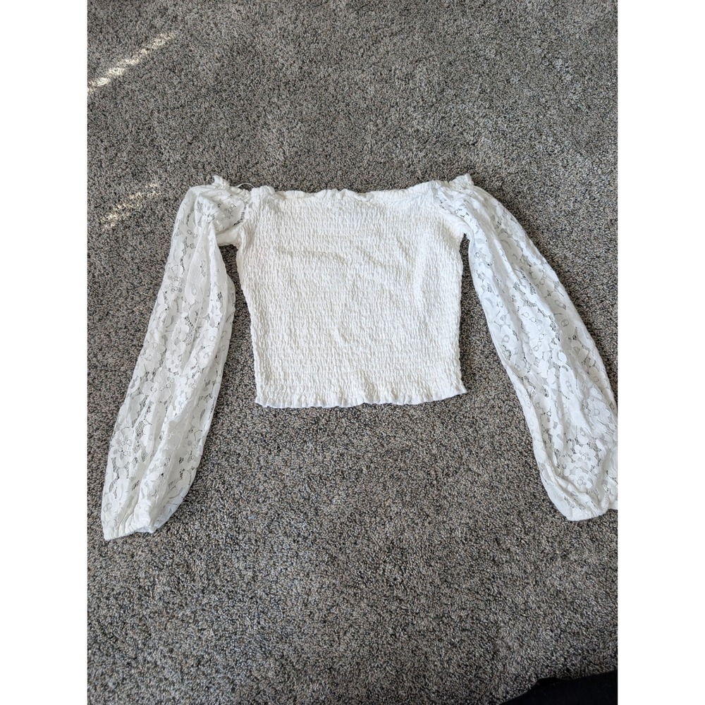 Hollister White Smocked Off‎ The Shoulder Crop Top Lace Balloon Sleeve Womens M
